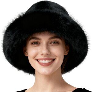Women's Black Oversized Winter Long Pile Fur Wide Moldable Brim Warmer Cap